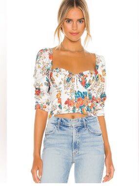For Love & Lemons Brandy Puff-Sleeve Cropped floral Top blouse, size S